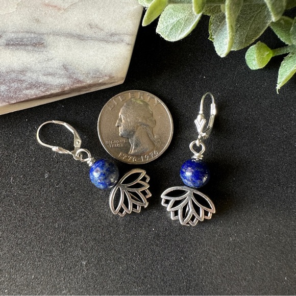 Lapis Lazuli Earrings with Lotus Flower Sterling Silver Lever Back - Picture 8 of 11
